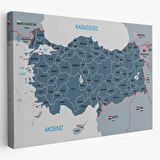 İller ve Komşu Ülkeler Detaylı Eğitici Türkiye Haritası Dekoratif Kanvas Tablo, Duvar Dekoru 3093