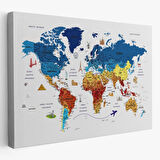 Eğitici Detaylı Sembollü Türkçe Dünya Haritası Dekoratif Kanvas Tablo, Duvar Dekoru 3166
