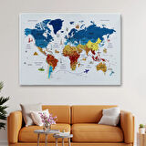 Eğitici Detaylı Sembollü Türkçe Dünya Haritası Dekoratif Kanvas Tablo, Duvar Dekoru 3166