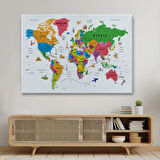 Eğitici Detaylı Sembollü İngilizce Dünya Haritası Dekoratif Kanvas Tablo, Duvar Dekoru 3173