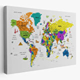 Eğitici Detaylı Sembollü Türkçe Dünya Haritası Dekoratif Kanvas Tablo, Duvar Dekoru 3178