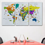 Eğitici Detaylı Sembollü Türkçe Dünya Haritası Dekoratif Kanvas Tablo, Duvar Dekoru 3178