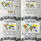 Eğitici Detaylı Sembollü Türkçe Dünya Haritası Dekoratif Kanvas Tablo, Duvar Dekoru 3178