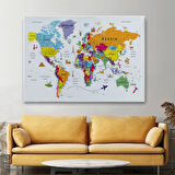 Eğitici Detaylı Sembollü İngilizce Dünya Haritası Dekoratif Kanvas Tablo, Duvar Dekoru 3179