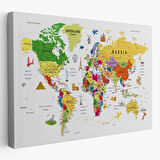 Eğitici Detaylı Sembollü İngilizce Dünya Haritası Dekoratif Kanvas Tablo, Duvar Dekoru 3185