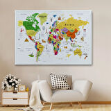 Eğitici Detaylı Sembollü İngilizce Dünya Haritası Dekoratif Kanvas Tablo, Duvar Dekoru 3185
