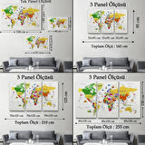 Eğitici Detaylı Sembollü İngilizce Dünya Haritası Dekoratif Kanvas Tablo, Duvar Dekoru 3185