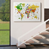 Eğitici Detaylı Sembollü İngilizce Dünya Haritası Dekoratif Kanvas Tablo, Duvar Dekoru 3185