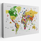 Eğitici Detaylı Sembollü Türkçe Dünya Haritası Dekoratif Kanvas Tablo, Duvar Dekoru 3186