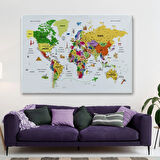 Eğitici Detaylı Sembollü Türkçe Dünya Haritası Dekoratif Kanvas Tablo, Duvar Dekoru 3186