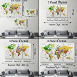 Eğitici Detaylı Sembollü Türkçe Dünya Haritası Dekoratif Kanvas Tablo, Duvar Dekoru 3186