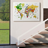 Eğitici Detaylı Sembollü Türkçe Dünya Haritası Dekoratif Kanvas Tablo, Duvar Dekoru 3186
