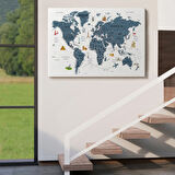 Eğitici Detaylı Sembollü İngilizce Dünya Haritası Dekoratif Kanvas Tablo, Duvar Dekoru 3187