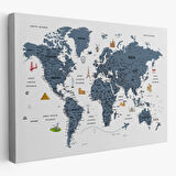 Eğitici Detaylı Sembollü Türkçe Dünya Haritası Dekoratif Kanvas Tablo, Duvar Dekoru 3188