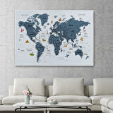 Eğitici Detaylı Sembollü Türkçe Dünya Haritası Dekoratif Kanvas Tablo, Duvar Dekoru 3188