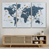 Eğitici Detaylı Sembollü Türkçe Dünya Haritası Dekoratif Kanvas Tablo, Duvar Dekoru 3188