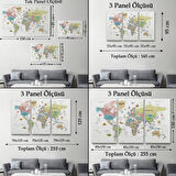 Eğitici Detaylı Sembollü İngilizce Dünya Haritası Dekoratif Kanvas Tablo, Duvar Dekoru 3203