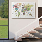 Eğitici Detaylı Sembollü Türkçe Dünya Haritası Dekoratif Kanvas Tablo, Duvar Dekoru 3204