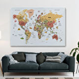 Eğitici Detaylı Sembollü Türkçe Dünya Haritası Dekoratif Kanvas Tablo, Duvar Dekoru 3206