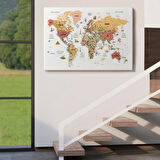Eğitici Detaylı Sembollü Türkçe Dünya Haritası Dekoratif Kanvas Tablo, Duvar Dekoru 3206