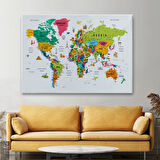 Eğitici Detaylı Sembollü İngilizce Dünya Haritası Dekoratif Kanvas Tablo, Duvar Dekoru 3215