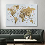 Eğitici Detaylı Sembollü İngilizce Dünya Haritası Dekoratif Kanvas Tablo, Duvar Dekoru 3219