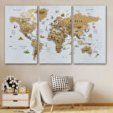 Eğitici Detaylı Sembollü İngilizce Dünya Haritası Dekoratif Kanvas Tablo, Duvar Dekoru 3219