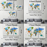 Eğitici Detaylı Sembollü Türkçe Dünya Haritası Dekoratif Kanvas Tablo, Duvar Dekoru 3232