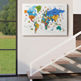 Eğitici Detaylı Sembollü Türkçe Dünya Haritası Dekoratif Kanvas Tablo, Duvar Dekoru 3232