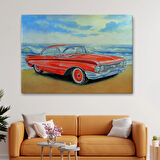 Yağlıboya Görünüm Kızmızı Retro Tarz Araba Dekoratif Kanvas Tablo, Duvar Dekoru 3499
