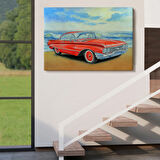 Yağlıboya Görünüm Kızmızı Retro Tarz Araba Dekoratif Kanvas Tablo, Duvar Dekoru 3499