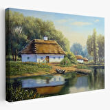 Yağlıboya Görünüm Köy Evi ve Göl Manzarası Dekoratif Kanvas Tablo, Duvar Dekoru 3510