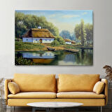 Yağlıboya Görünüm Köy Evi ve Göl Manzarası Dekoratif Kanvas Tablo, Duvar Dekoru 3510