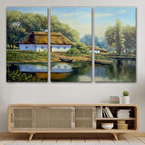 Yağlıboya Görünüm Köy Evi ve Göl Manzarası Dekoratif Kanvas Tablo, Duvar Dekoru 3510