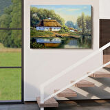 Yağlıboya Görünüm Köy Evi ve Göl Manzarası Dekoratif Kanvas Tablo, Duvar Dekoru 3510