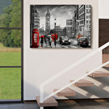 İngiltere Londra Kırmızı ve Siyah Ton Yağlıboya Görünüm Dekoratif Kanvas Tablo, Duvar Dekoru 3543