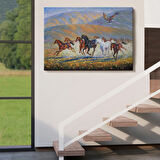 Yağlıboya Görünüm Kartal ve At Sürüsü Dekoratif Kanvas Tablo, Duvar Dekoru 3600