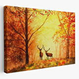 Yağlıboya Görünüm Ormandaki Geyikler ve Sonbahar Dekoratif Kanvas Tablo, Duvar Dekoru 3643