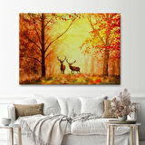 Yağlıboya Görünüm Ormandaki Geyikler ve Sonbahar Dekoratif Kanvas Tablo, Duvar Dekoru 3643