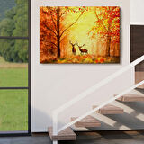 Yağlıboya Görünüm Ormandaki Geyikler ve Sonbahar Dekoratif Kanvas Tablo, Duvar Dekoru 3643