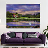 Yağlıboya Görünüm Göl Kıyısındaki Orman Evi Dekoratif Kanvas Tablo, Duvar Dekoru 3678