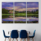 Yağlıboya Görünüm Göl Kıyısındaki Orman Evi Dekoratif Kanvas Tablo, Duvar Dekoru 3678