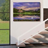 Yağlıboya Görünüm Göl Kıyısındaki Orman Evi Dekoratif Kanvas Tablo, Duvar Dekoru 3678