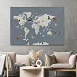 Hayvan ve Uçak Temalı Öğretici İngilizce Dünya Haritası Dekoratif Kanvas Tablo, Duvar Dekoru 3698