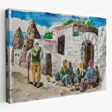 Kapadokya Göremedeki Köy Hayatı Yaşam Suluboya Görünüm Dekoratif Kanvas Tablo, Duvar Dekoru 3756