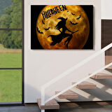 Cadılar Bayramı Süpürgedeki Uçan Cadı Dekoratif Kanvas Tablo, Duvar Dekoru 5200