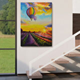 Yağlıboya Görünüm Lavanta Bahçesi ve Uçan Hava Balonu Dekoratif Kanvas Tablo, Duvar Dekoru 5940