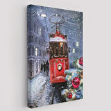 Kırmızı Tramvay ve Kar Dekoratif Kanvas Tablo, Duvar Dekoru 6003