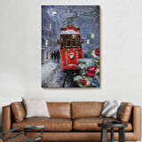 Kırmızı Tramvay ve Kar Dekoratif Kanvas Tablo, Duvar Dekoru 6003