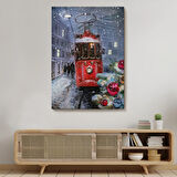 Kırmızı Tramvay ve Kar Dekoratif Kanvas Tablo, Duvar Dekoru 6003